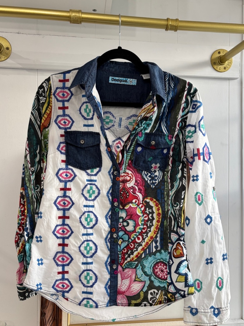 Desigual Blue Denim Trim Embroidered Western Rodeo Festival Shirt Small /Medium